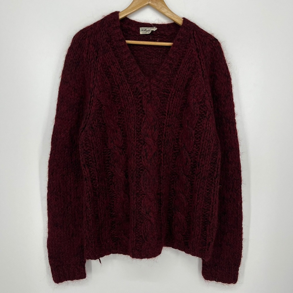 Vintage 1960's The May Company Burgundy Mohair Cable Knit V-Neck Sweater Italy